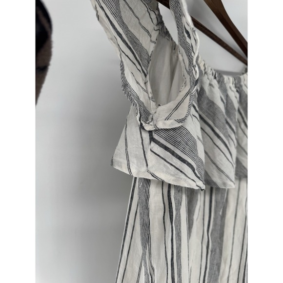 Saks Fifth Avenue Linen Blend Striped cold Shoulder Dress M beachy coverup boho - Picture 3 of 8